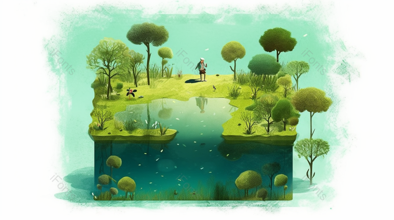 绿色创意空间一个人在水池边草地上数目旁玩耍乐趣插画,插画/手绘图,插画/手绘图库,插画/手绘图下载,插画/手绘
